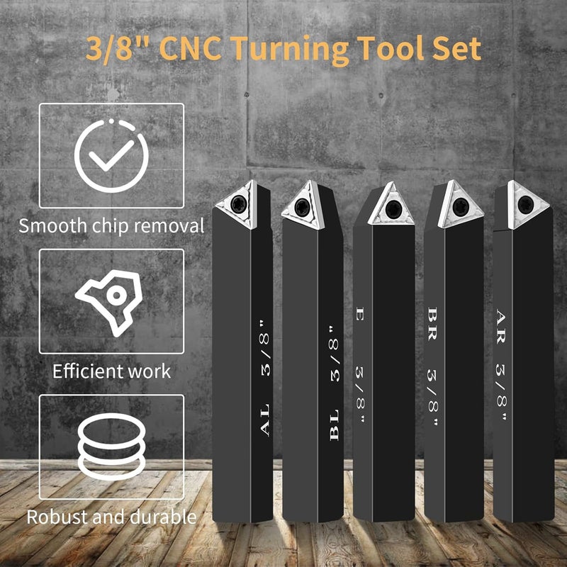 SENDUO Store 3/8" Indexable Carbide Turning Inserts Holder Set for Machining Lathes, 5 Pcs Set Metal Lathe Tools Inserts Bits with Carbide Inserts TCMT110204. - Image 3